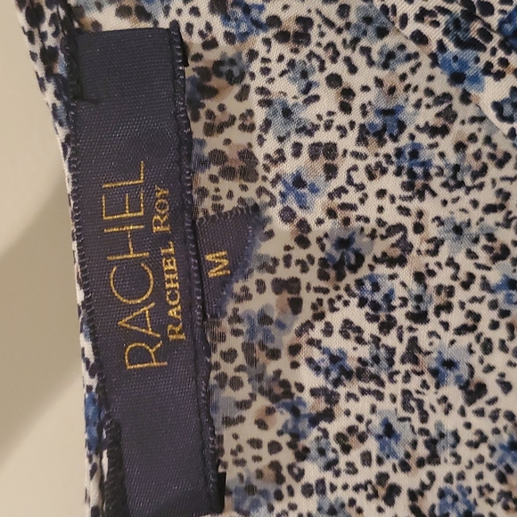 Rachael Roy ruffle sleeve scoopneck button keyhole blue,black, cream top Medium - Picture 2 of 8